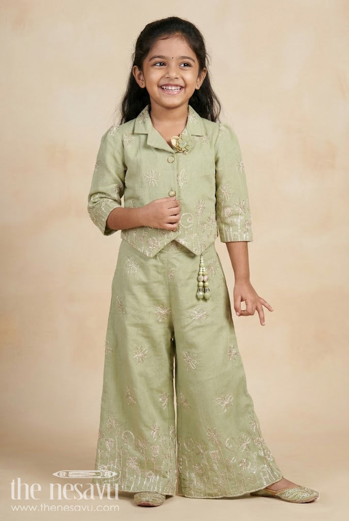 The Nesavu Girls Co-Ord Sets Girls Ethnic Co-Ord Set with Zari Embroidery for Festive and School Events Nesavu 24 (5Y) / Green GPS639A-24 Nesavu girls embroidered rayon co-ord set zari work ethnic school festive wear
