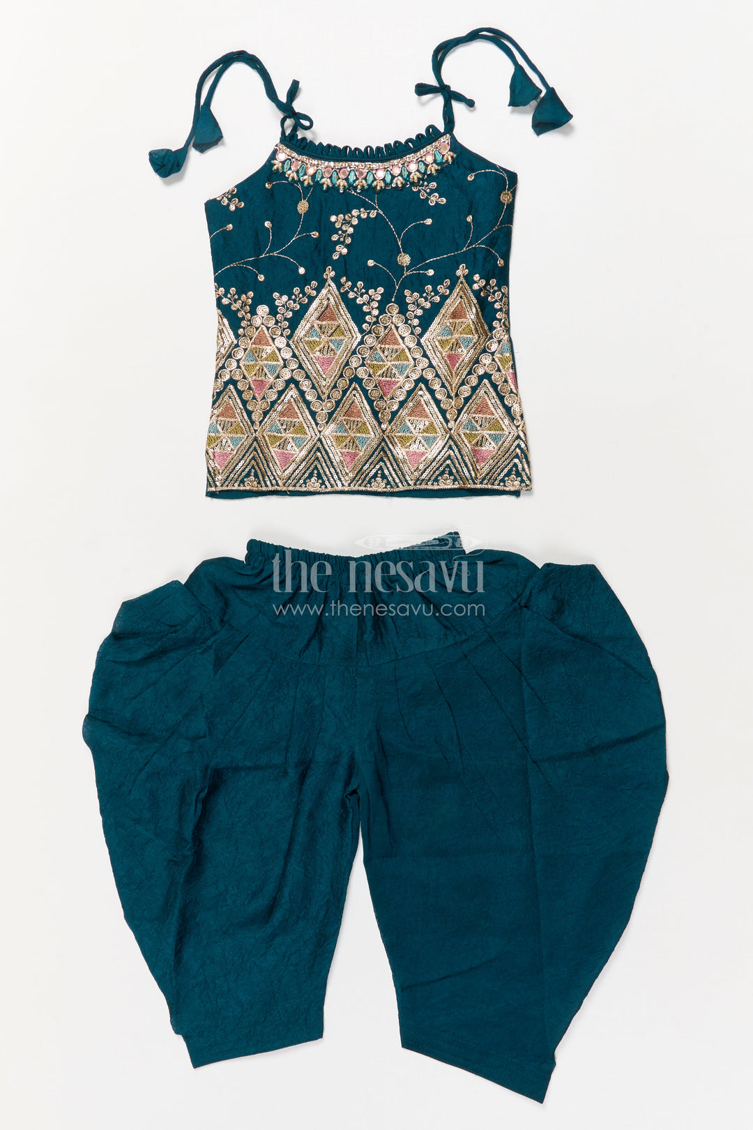 The Nesavu Girls Dothi Sets Girls Ethnic Dhoti Set with Mirror Work Top and Dupatta for Cultural Celebrations Nesavu 16 (1Y) / Turquoise / Georgette GPS930B-16 Nesavu ethnic girls dhoti set with embroidered top and dupatta for weddings and festivals