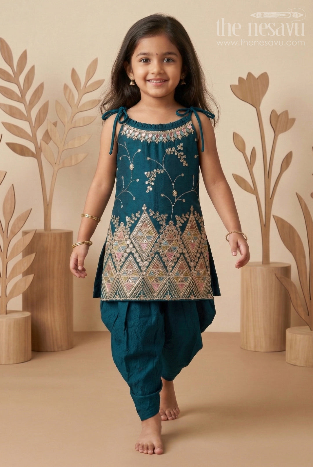 The Nesavu Girls Dothi Sets Girls Ethnic Dhoti Set with Mirror Work Top and Dupatta for Cultural Celebrations Nesavu 16 (1Y) / Turquoise / Georgette GPS930B-16 Nesavu ethnic girls dhoti set with embroidered top and dupatta for weddings and festivals