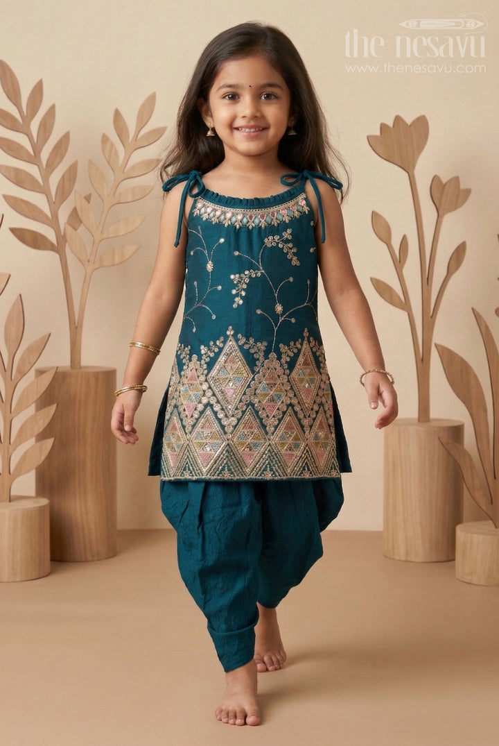 The Nesavu Girls Dothi Sets Girls Ethnic Dhoti Set with Mirror Work Top and Dupatta for Cultural Celebrations Nesavu 16 (1Y) / Turquoise / Georgette GPS930B-16 Nesavu ethnic girls dhoti set with embroidered top and dupatta for weddings and festivals