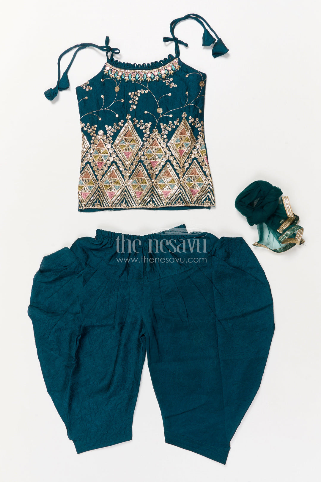 The Nesavu Girls Dothi Sets Girls Ethnic Dhoti Set with Mirror Work Top and Dupatta for Cultural Celebrations Nesavu Nesavu ethnic girls dhoti set with embroidered top and dupatta for weddings and festivals