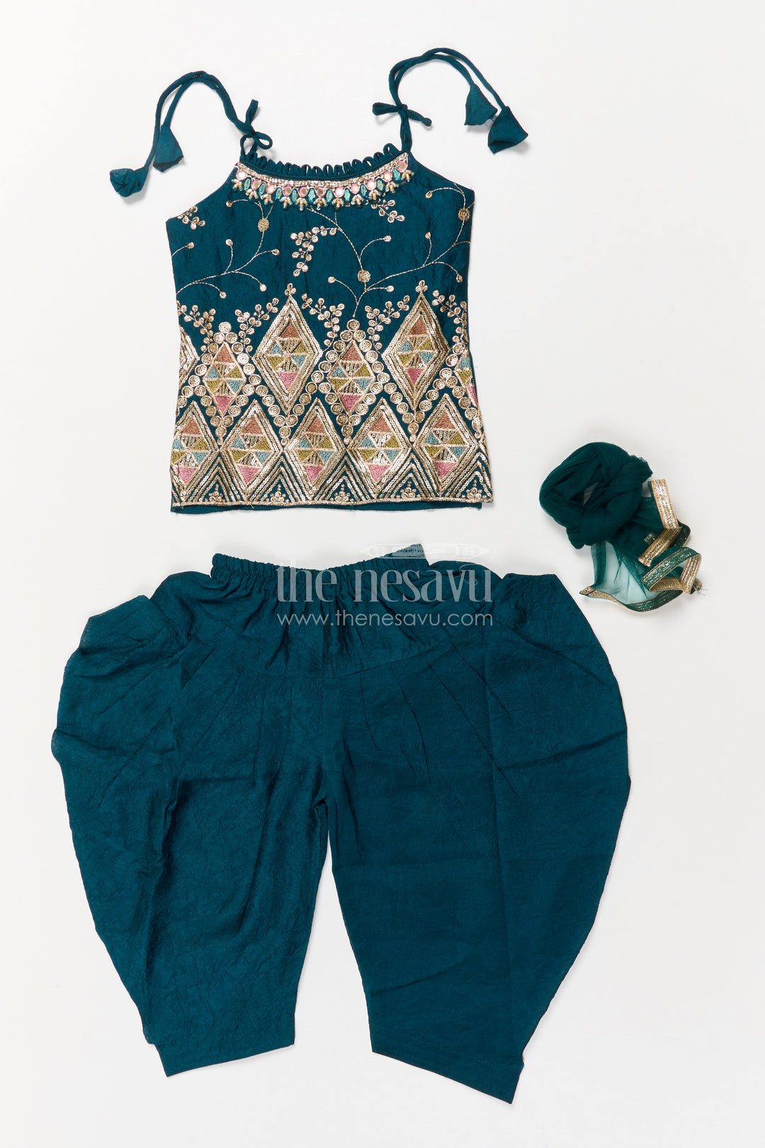 The Nesavu Girls Dothi Sets Girls Ethnic Dhoti Set with Mirror Work Top and Dupatta for Cultural Celebrations Nesavu Nesavu ethnic girls dhoti set with embroidered top and dupatta for weddings and festivals