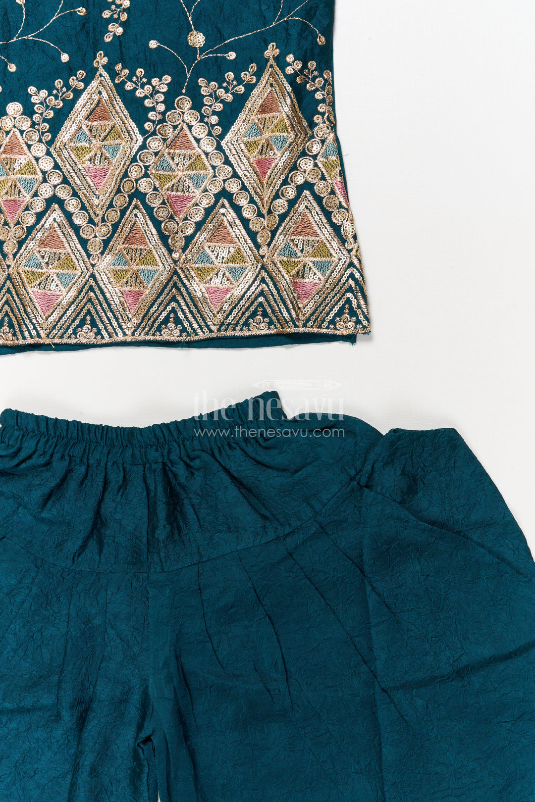 The Nesavu Girls Dothi Sets Girls Ethnic Dhoti Set with Mirror Work Top and Dupatta for Cultural Celebrations Nesavu Nesavu ethnic girls dhoti set with embroidered top and dupatta for weddings and festivals