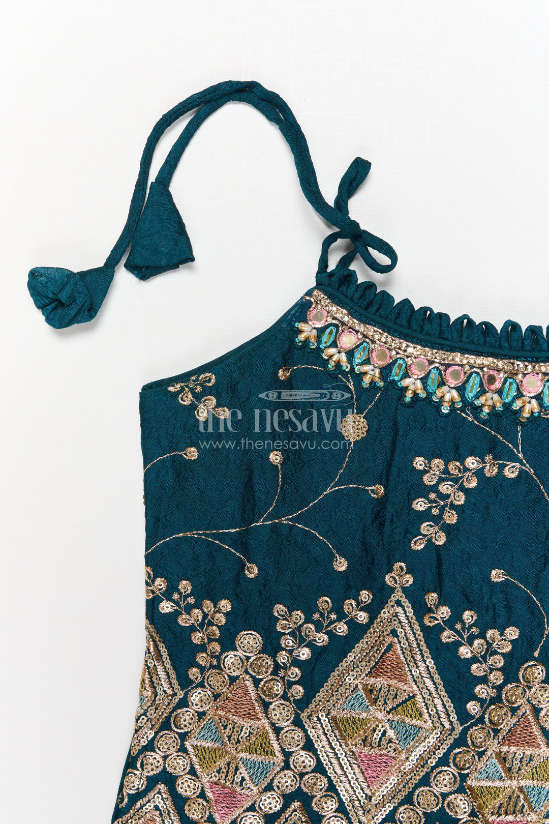 The Nesavu Girls Dothi Sets Girls Ethnic Dhoti Set with Mirror Work Top and Dupatta for Cultural Celebrations Nesavu Nesavu ethnic girls dhoti set with embroidered top and dupatta for weddings and festivals