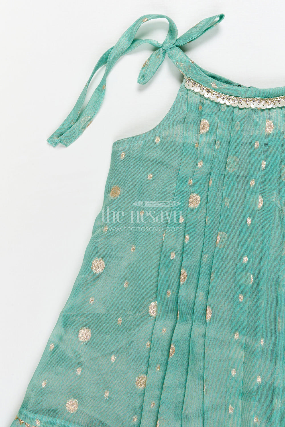 The Nesavu Girls Cotton Frock Girls Ethnic Frock for Pooja, Navaratri and Festive Occasions Nesavu Nesavu girls tissue silk frock with tie-up straps for Navaratri and festive occasions