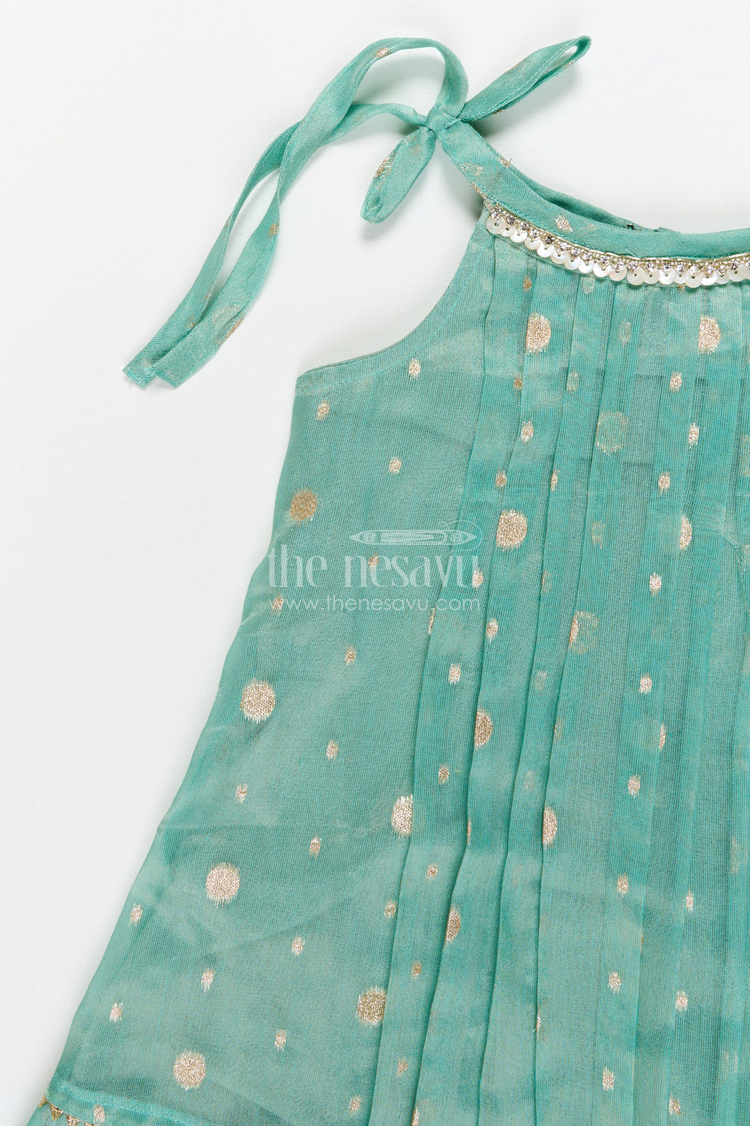 The Nesavu Girls Cotton Frock Girls Ethnic Frock for Pooja, Navaratri and Festive Occasions Nesavu Nesavu girls tissue silk frock with tie-up straps for Navaratri and festive occasions