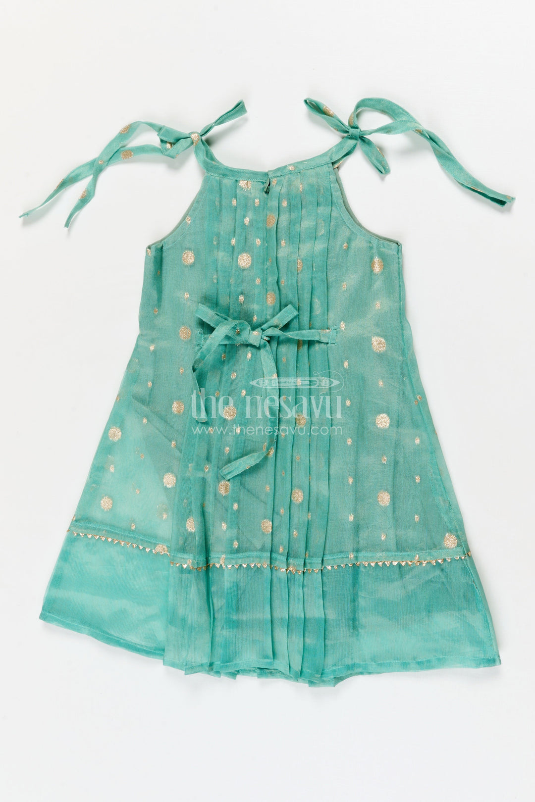 The Nesavu Girls Cotton Frock Girls Ethnic Frock for Pooja, Navaratri and Festive Occasions Nesavu Nesavu girls tissue silk frock with tie-up straps for Navaratri and festive occasions