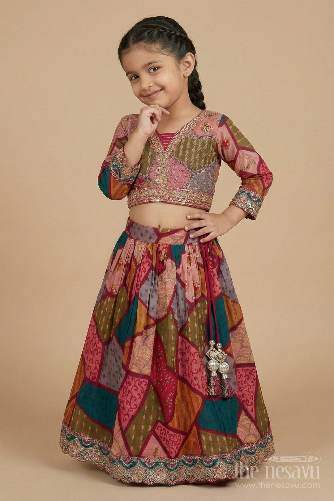 The Nesavu Girls Ethnic Lehenga Girls Ethnic Lehenga Set for Festive Functions and Traditional Events Nesavu Nesavu ethnic lehenga set for girls with embroidered blouse and digital printed skirt – festive ready
