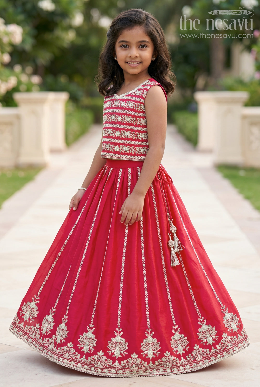 The Nesavu Girls Ethnic Lehenga Girls Ethnic Lehenga Set with Designer Silk Blouse and Embroidery Nesavu 16 (1Y) / Red GL667B-16 Nesavu ethnic lehenga choli set girls embroidered silk blouse  perfect weddings festivals