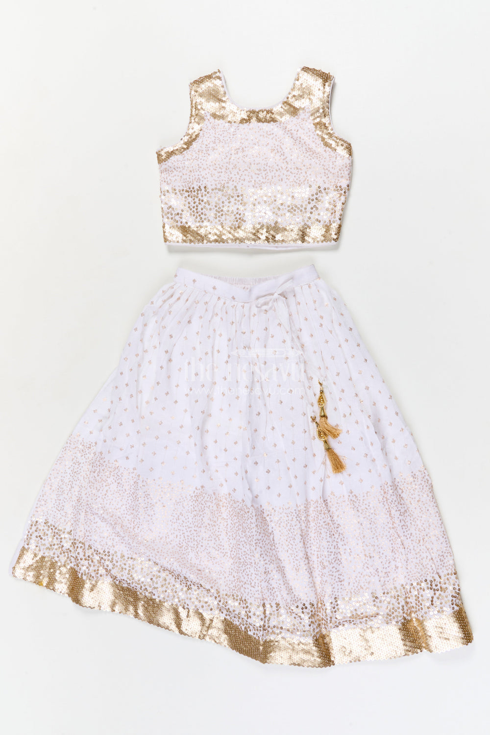 The Nesavu Girls Ethnic Lehenga Girls Ethnic Lehenga Set with Sequin Blouse for Weddings and Receptions Nesavu 24 (5Y) / White / Poly Silk GL861A-24 Nesavu girls poly silk lehenga set with sequin blouse and tassel dupatta for weddings and festive occasions