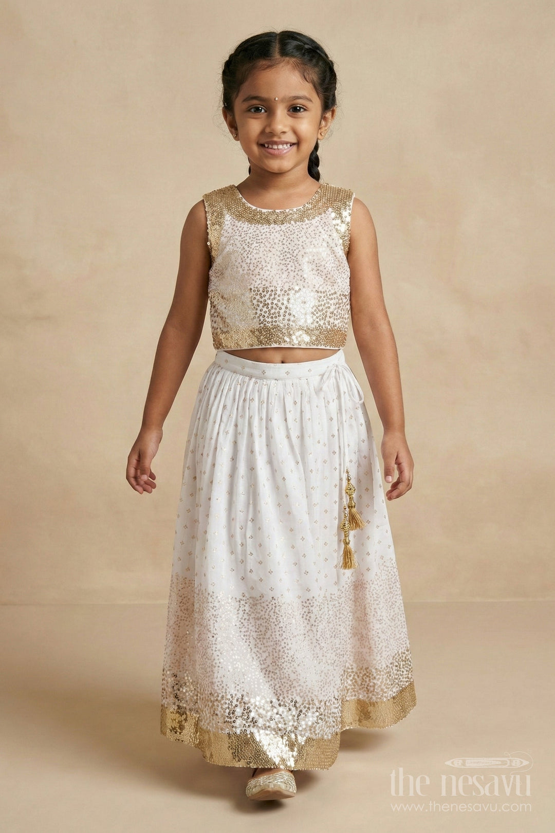 The Nesavu Girls Ethnic Lehenga Girls Ethnic Lehenga Set with Sequin Blouse for Weddings and Receptions Nesavu Nesavu girls poly silk lehenga set with sequin blouse and tassel dupatta for weddings and festive occasions