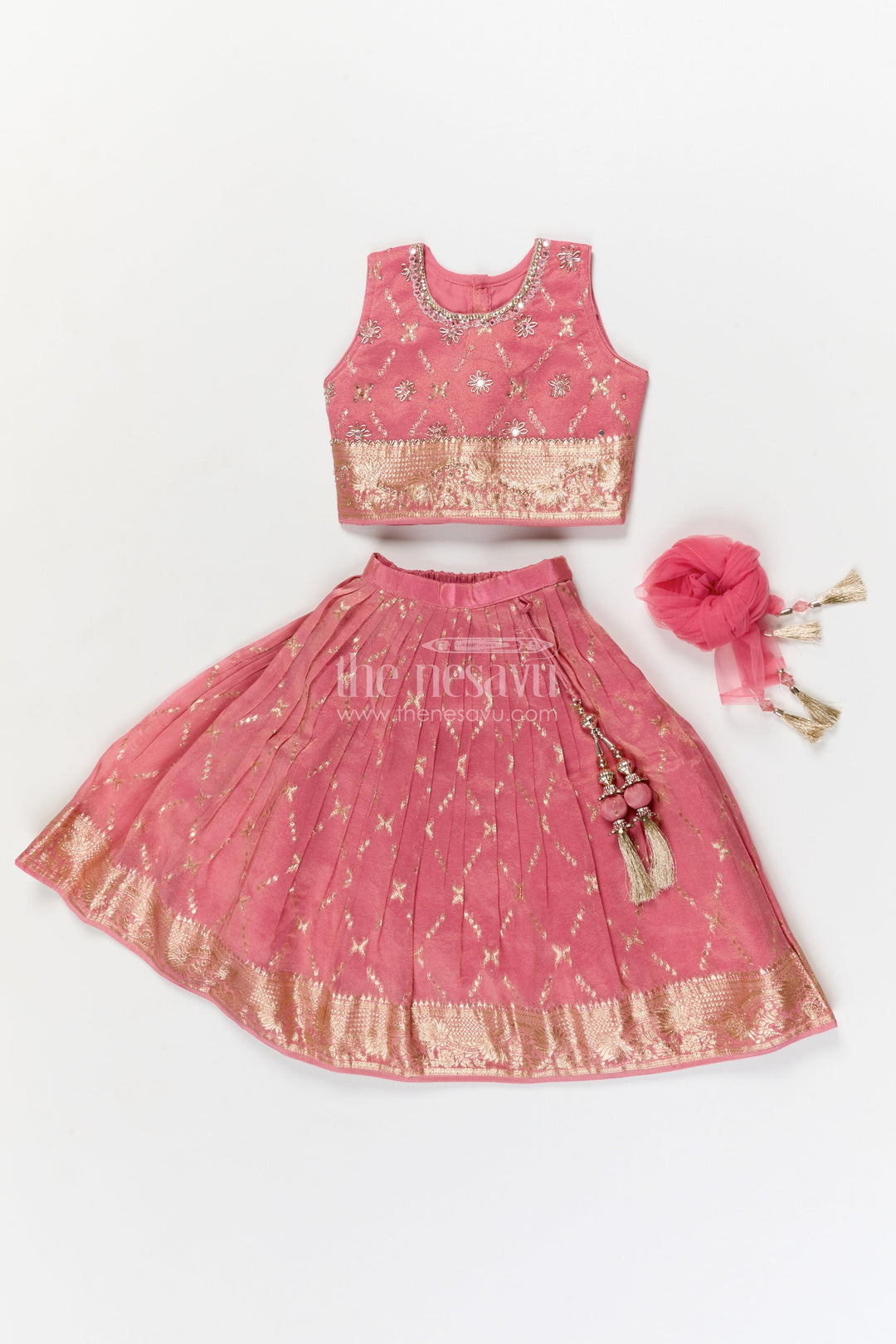 The Nesavu Girls Ethnic Lehenga Girls Ethnic Lehenga Set with Zari Border for Weddings and Family Celebrations Nesavu Nesavu girls lehenga set with zari work and dupatta for weddings and traditional celebrations