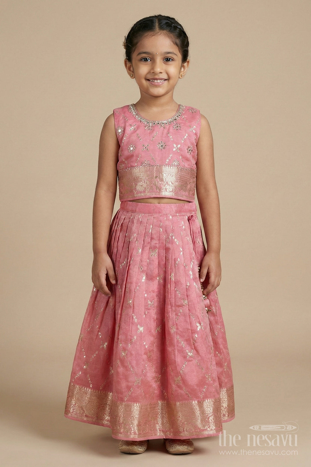 The Nesavu Girls Ethnic Lehenga Girls Ethnic Lehenga Set with Zari Border for Weddings and Family Celebrations Nesavu Nesavu girls lehenga set with zari work and dupatta for weddings and traditional celebrations