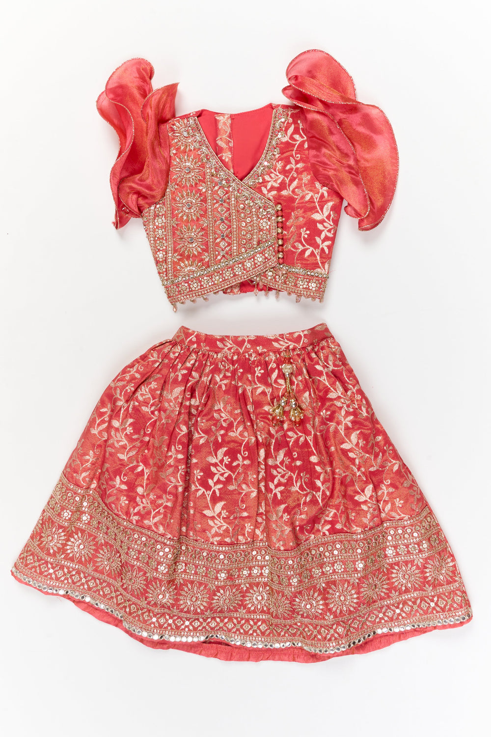 The Nesavu Girls Ethnic Lehenga Girls Ethnic Lehenga with Designer Yoke for Traditional Ceremonies Nesavu 16 (1Y) / Pink / Cotton Silk GL870A-16 Nesavu ethnic lehenga for girls with kora tissue silk and designer yoke – perfect for weddings and ceremonies