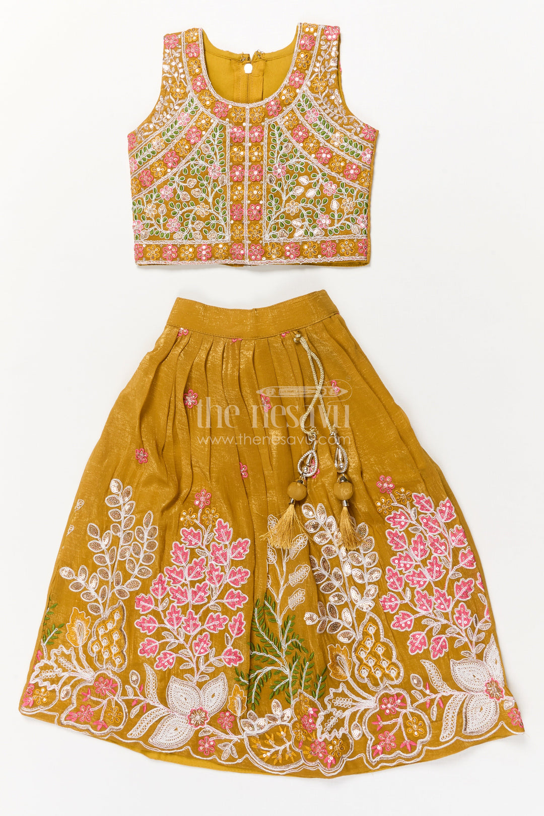 The Nesavu Girls Ethnic Lehenga Girls Ethnic Lehenga with Embroidered Blouse and Tassel Detail for Festive Occasions Nesavu 18 (2Y) / Yellow / Georgette GL850A-18 Nesavu girls ethnic lehenga with embroidered blouse and tassel tie-up for festive celebrations
