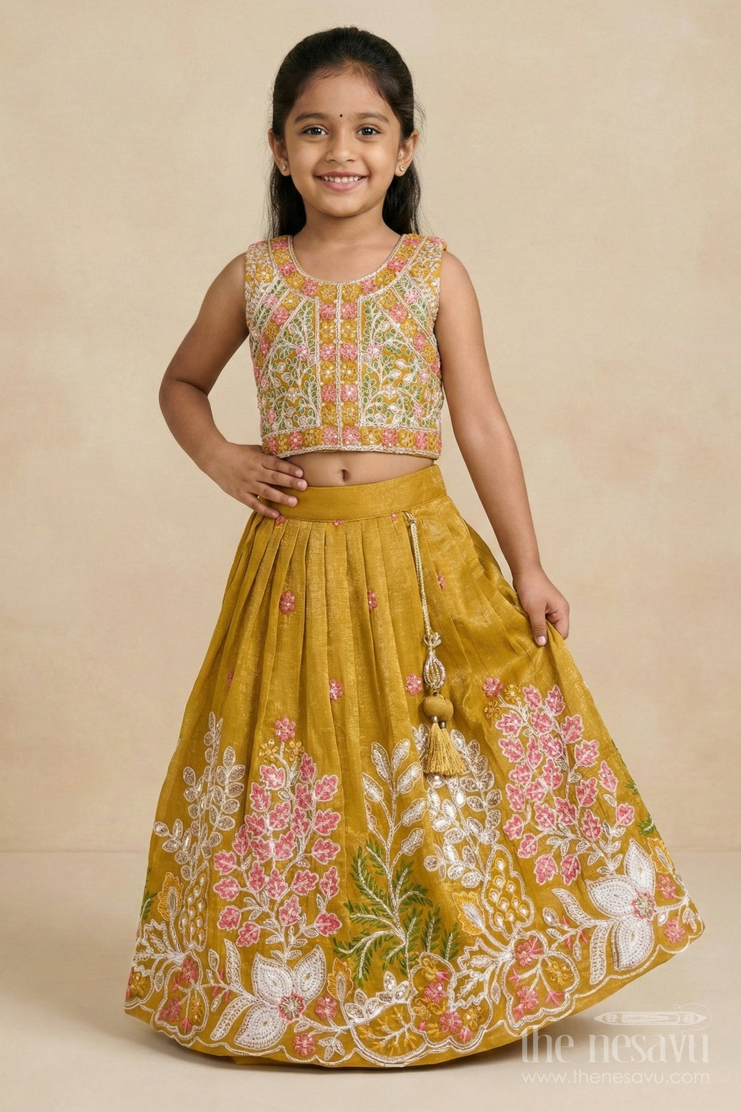 The Nesavu Girls Ethnic Lehenga Girls Ethnic Lehenga with Embroidered Blouse and Tassel Detail for Festive Occasions Nesavu Nesavu girls ethnic lehenga with embroidered blouse and tassel tie-up for festive celebrations