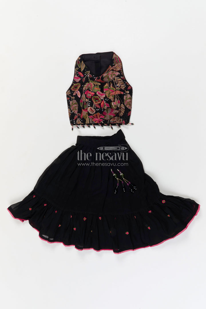 The Nesavu Girls Ethnic Lehenga Girls Ethnic Lehenga with Halter Blouse for Weddings and Family Events Nesavu 16 (1Y) / Black / Georgette GL859A-16 Nesavu girls georgette lehenga set with halter neck embroidered blouse for festive weddings