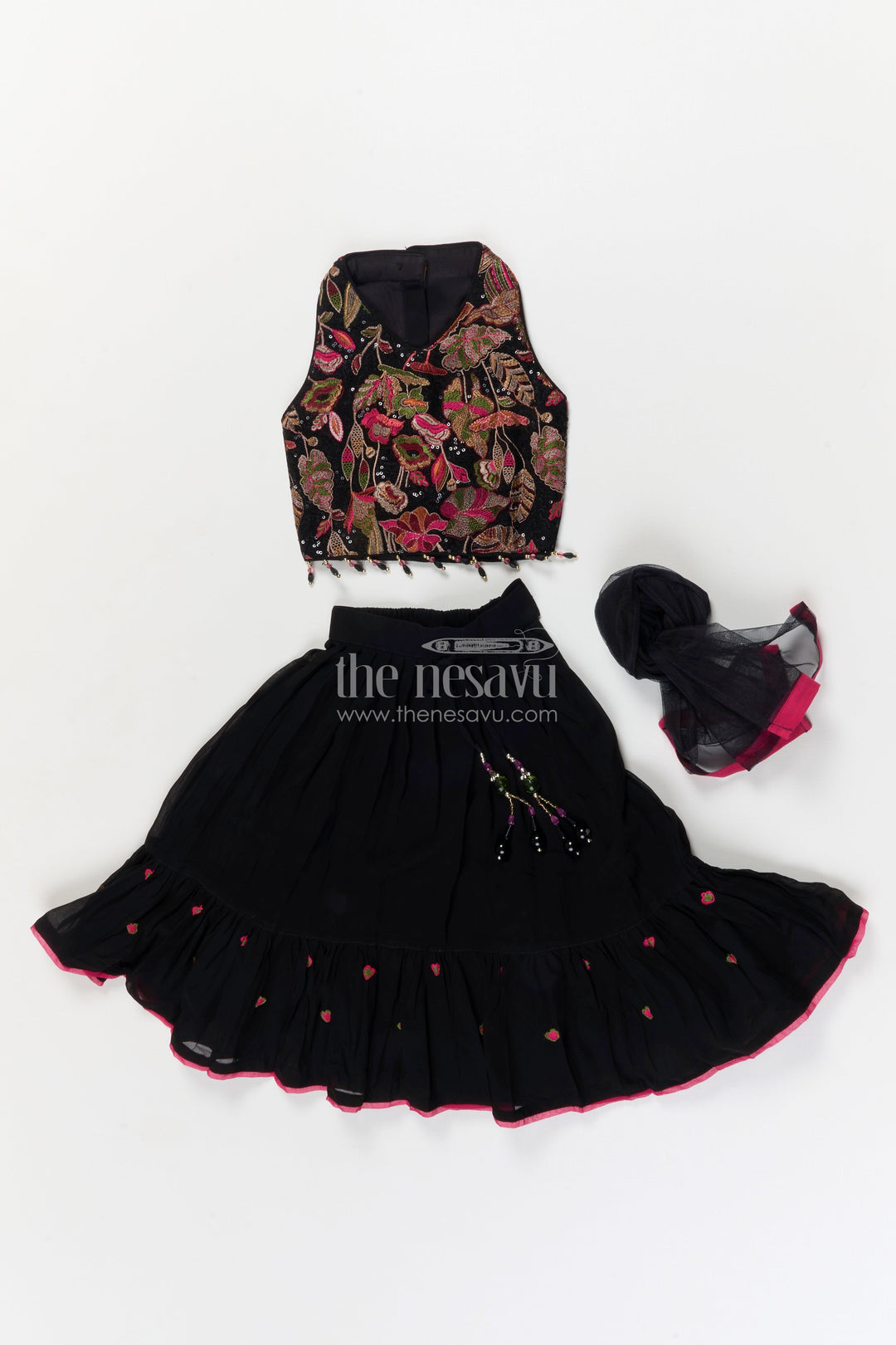The Nesavu Girls Ethnic Lehenga Girls Ethnic Lehenga with Halter Blouse for Weddings and Family Events Nesavu Nesavu girls georgette lehenga set with halter neck embroidered blouse for festive weddings