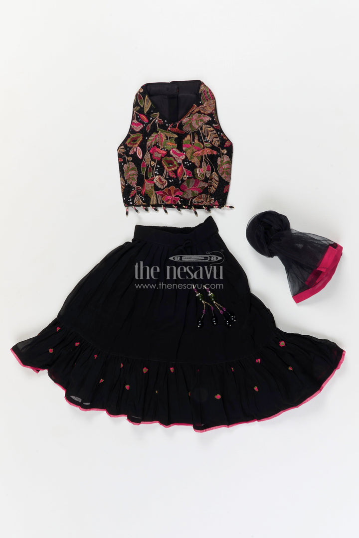 The Nesavu Girls Ethnic Lehenga Girls Ethnic Lehenga with Halter Blouse for Weddings and Family Events Nesavu Nesavu girls georgette lehenga set with halter neck embroidered blouse for festive weddings