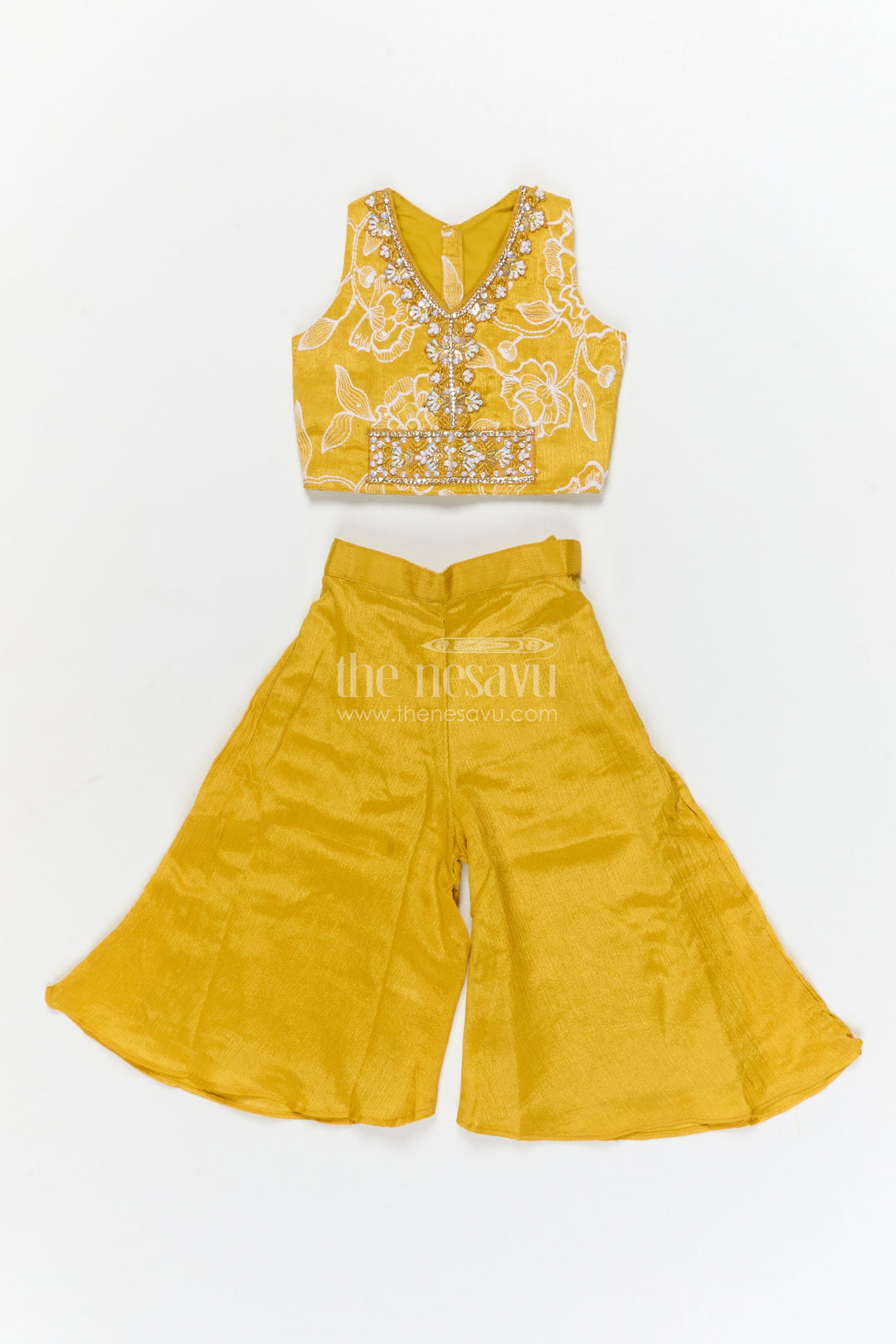 The Nesavu Girls Sharara / Plazo Set Girls Ethnic Palazzo Set for Diwali and Festive School Programs Nesavu 16 (1Y) / Yellow / Chinnon GPS939B-16 Nesavu girls ethnic palazzo set with embroidered blouse for Diwali and cultural events