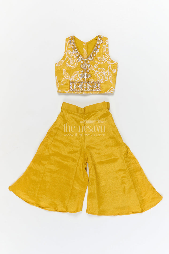 The Nesavu Girls Sharara / Plazo Set Girls Ethnic Palazzo Set for Diwali and Festive School Programs Nesavu 16 (1Y) / Yellow / Chinnon GPS939B-16 Nesavu girls ethnic palazzo set with embroidered blouse for Diwali and cultural events