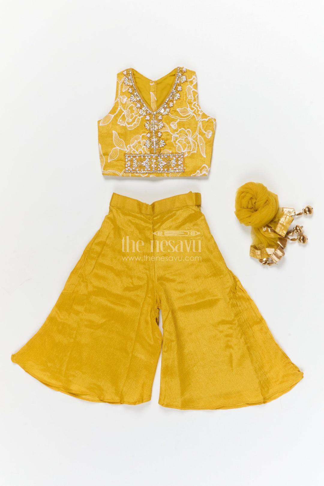 The Nesavu Girls Sharara / Plazo Set Girls Ethnic Palazzo Set for Diwali and Festive School Programs Nesavu Nesavu girls ethnic palazzo set with embroidered blouse for Diwali and cultural events