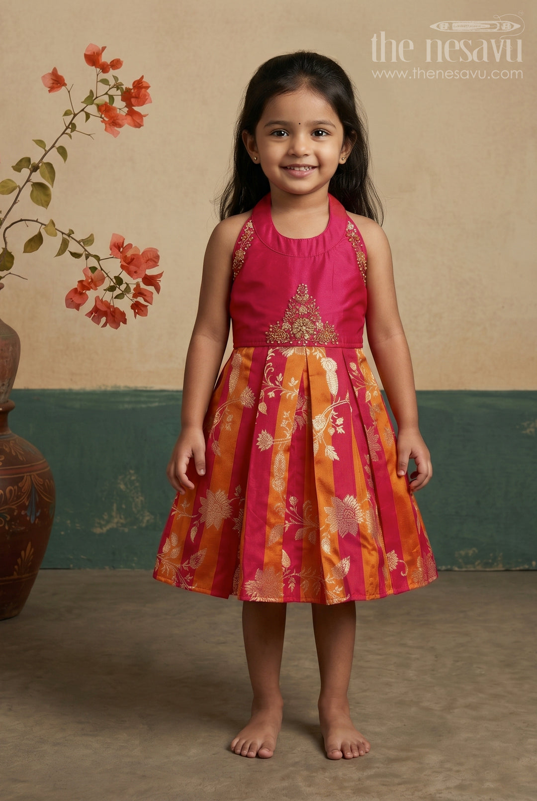The Nesavu Silk Frock Girls Ethnic Party Dress for Birthdays and Festive Photoshoots Nesavu 16 (1Y) / Pink / Viscose Silk SF1174C-16 Nesavu Girls Ethnic Party Dress For Festive Birthdays And Traditional Celebration Photoshoots