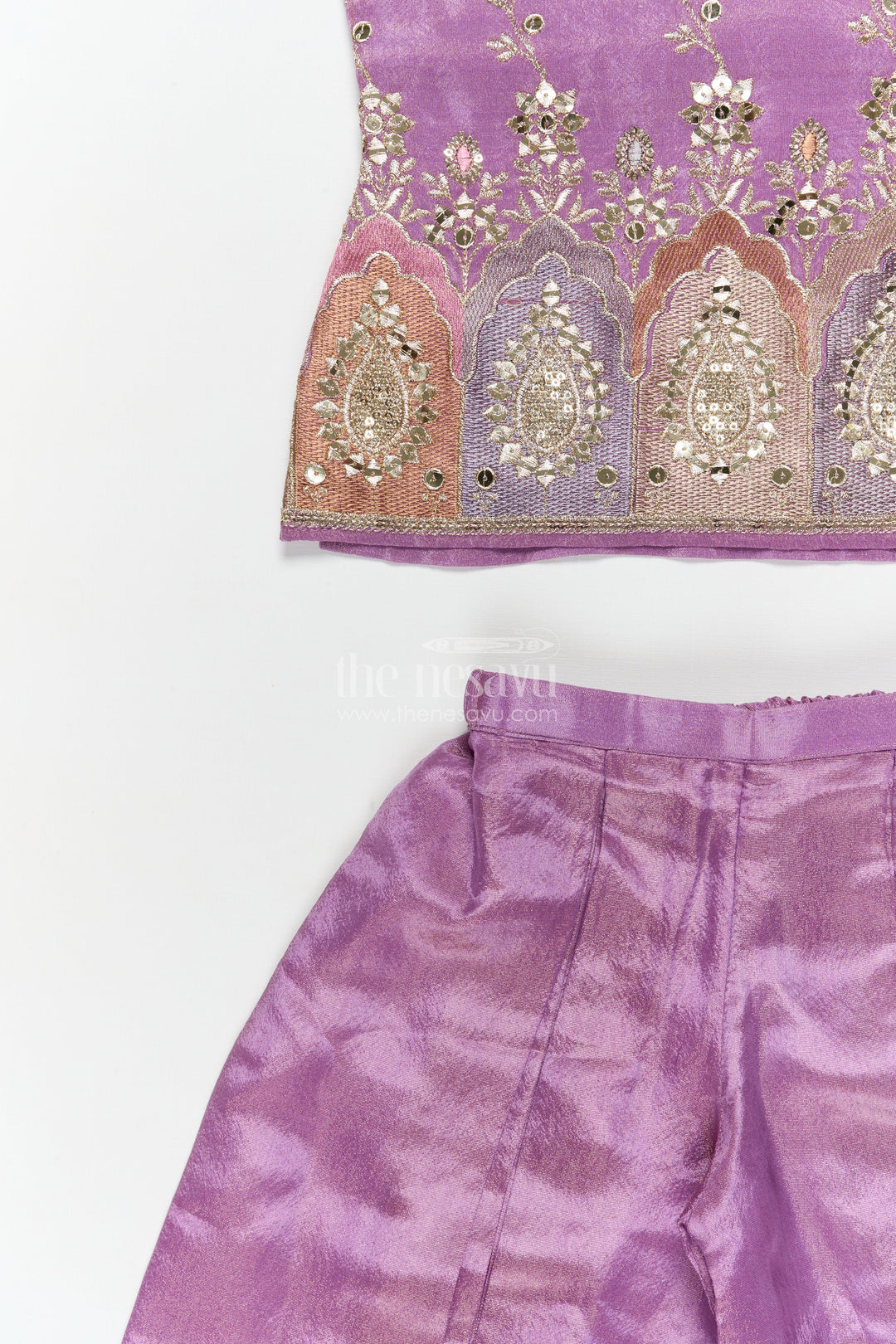 The Nesavu Girls Sharara / Plazo Set Girls Ethnic Plazo Set with Embroidered Blouse for Weddings and Receptions Nesavu Nesavu girls embroidered viscose silk plazo set with sleeveless blouse and dupatta for festive occasions