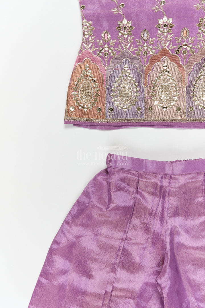 The Nesavu Girls Sharara / Plazo Set Girls Ethnic Plazo Set with Embroidered Blouse for Weddings and Receptions Nesavu Nesavu girls embroidered viscose silk plazo set with sleeveless blouse and dupatta for festive occasions