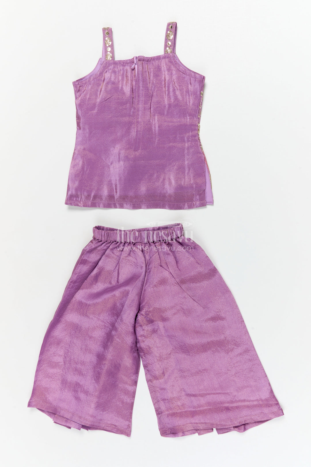 The Nesavu Girls Sharara / Plazo Set Girls Ethnic Plazo Set with Embroidered Blouse for Weddings and Receptions Nesavu Nesavu girls embroidered viscose silk plazo set with sleeveless blouse and dupatta for festive occasions