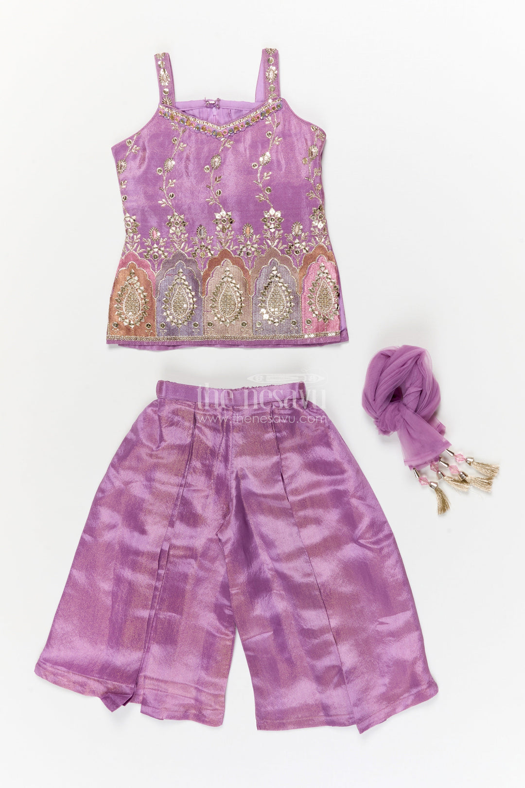 The Nesavu Girls Sharara / Plazo Set Girls Ethnic Plazo Set with Embroidered Blouse for Weddings and Receptions Nesavu Nesavu girls embroidered viscose silk plazo set with sleeveless blouse and dupatta for festive occasions