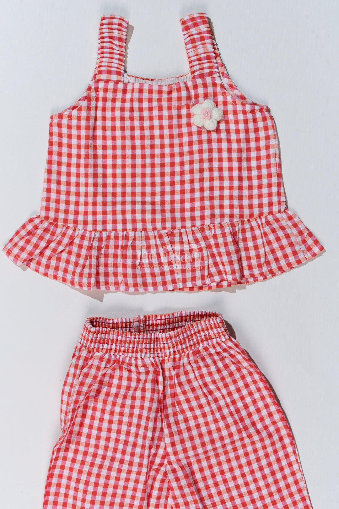 The Nesavu Girls Casual Set Girls Ethnic Plazo Set with Red and White Gingham Print and Peplum Top for Festive Style Nesavu Nesavu Girls Ethnic Plazo Set Red Gingham Peplum Top Frilled Pants Festive Fashion