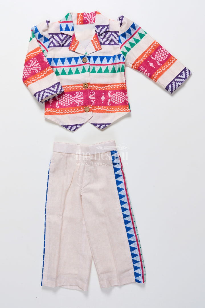 The Nesavu Girls Co-Ord Sets Girls Ethnic Plazo Set with Woven Pattern for Traditional Dressing Nesavu 18 (2Y) / Cream GPS861A-18 Nesavu girls cotton plazo set ethnic weave festive functions temple visits school events