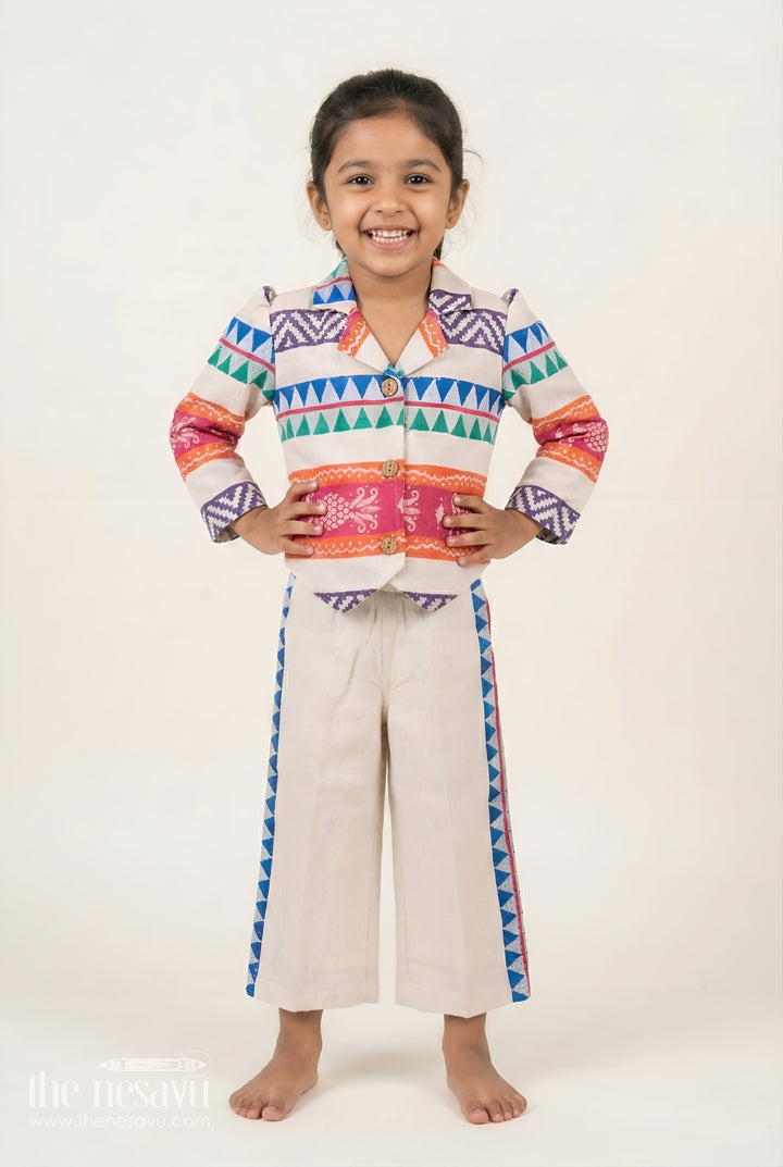 The Nesavu Girls Co-Ord Sets Girls Ethnic Plazo Set with Woven Pattern for Traditional Dressing Nesavu 18 (2Y) / Cream GPS861A-18 Nesavu girls cotton plazo set ethnic weave festive functions temple visits school events