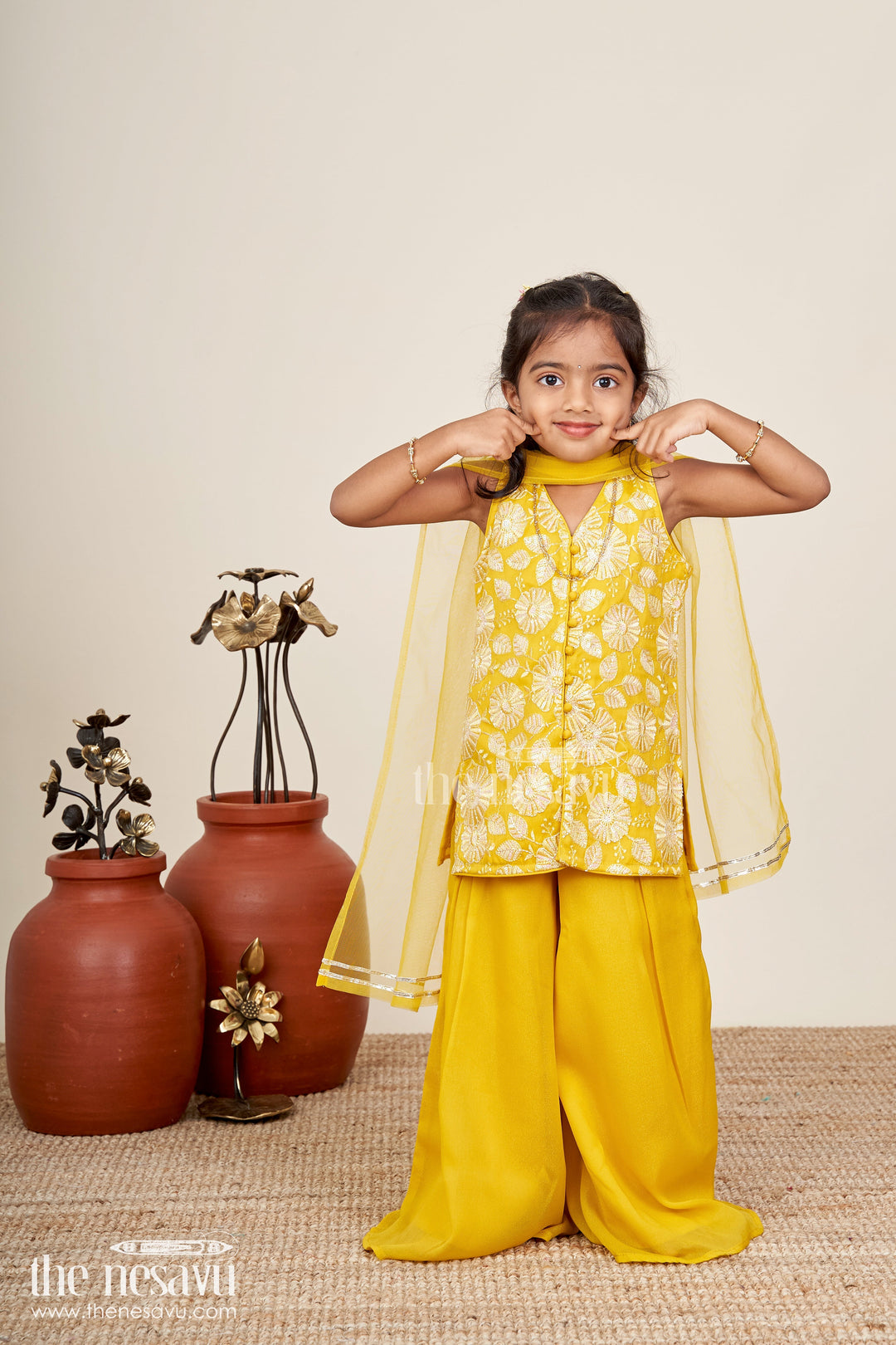 The Nesavu Girls Sharara / Plazo Set Girls Ethnic Set for Parties in Mustard Yellow Georgette with Embroidered Yoke and Palazzo Pants Nesavu 22 (4Y) / Yellow GPS628A-22 Nesavu Mustard Yellow Girls Ethnic Party Set Georgette Palazzo Pants Embroidered Sleeveless Top