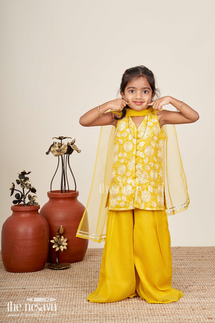 The Nesavu Girls Sharara / Plazo Set Girls Ethnic Set for Parties in Mustard Yellow Georgette with Embroidered Yoke and Palazzo Pants Nesavu 22 (4Y) / Yellow GPS628A-22 Nesavu Mustard Yellow Girls Ethnic Party Set Georgette Palazzo Pants Embroidered Sleeveless Top
