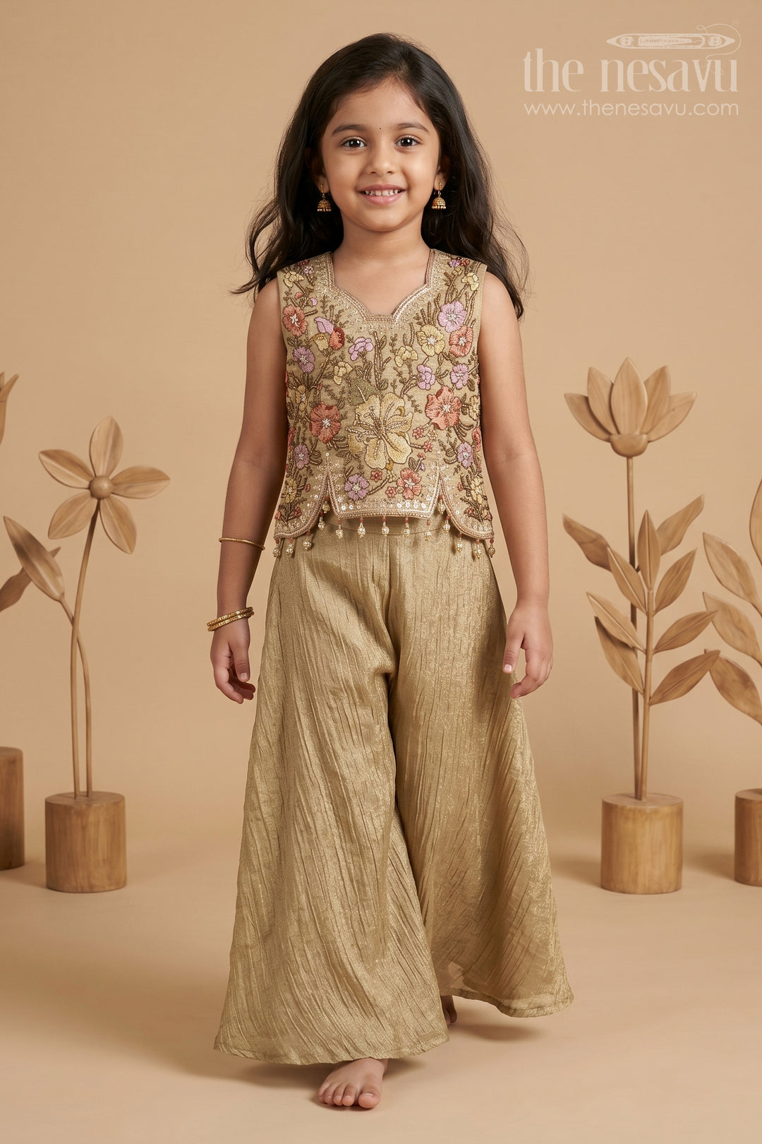 The Nesavu Girls Sharara / Plazo Set Girls Ethnic Sharara Outfit for Family Functions and Celebrations Nesavu 24 (5Y) / Beige / Georgette GPS1053A-24 Nesavu Girls Ethnic Sharara Set For Family Functions And Festive Occasions With Designer Embroidery Georgette