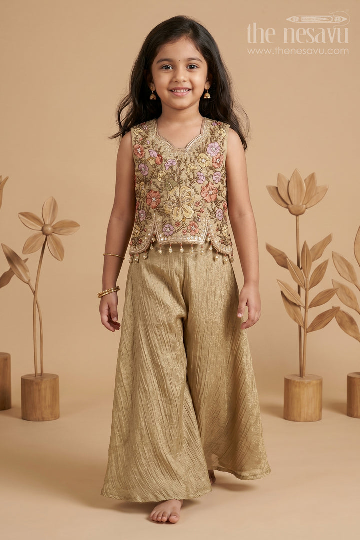 The Nesavu Girls Sharara / Plazo Set Girls Ethnic Sharara Outfit for Family Functions and Celebrations Nesavu 24 (5Y) / Beige / Georgette GPS1053A-24 Nesavu Girls Ethnic Sharara Set For Family Functions And Festive Occasions With Designer Embroidery Georgette