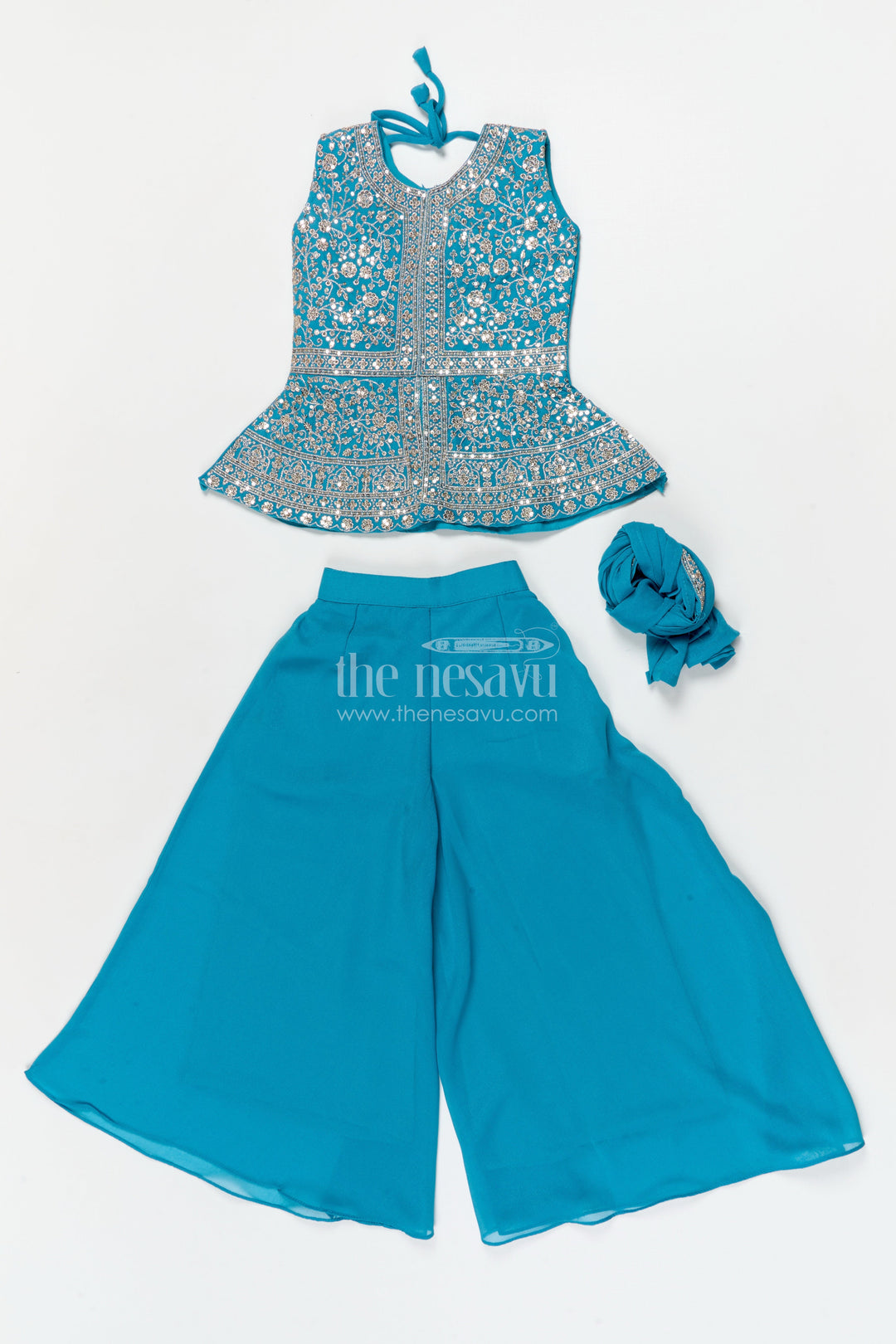 The Nesavu Girls Sharara / Plazo Set Girls Ethnic Sharara Set for Birthdays and Festive Occasions Nesavu Nesavu girls ethnic sharara set with peplum top and mirror work for festive parties