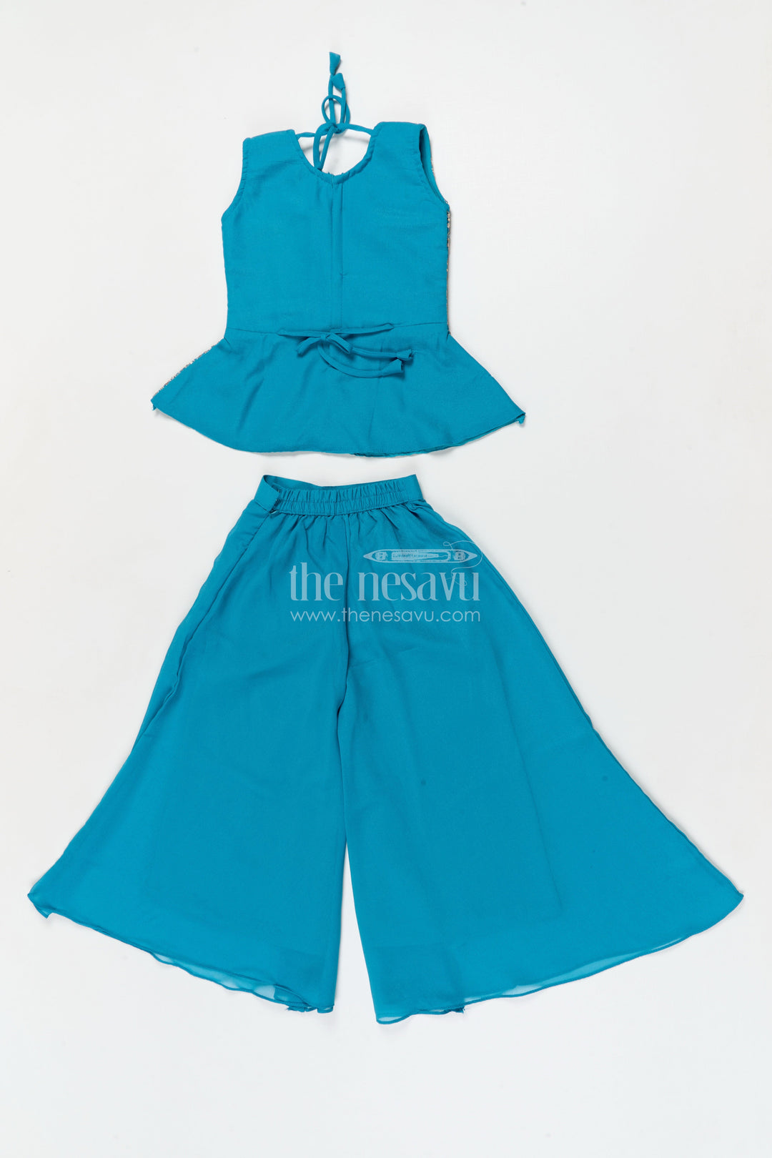 The Nesavu Girls Sharara / Plazo Set Girls Ethnic Sharara Set for Birthdays and Festive Occasions Nesavu Nesavu girls ethnic sharara set with peplum top and mirror work for festive parties