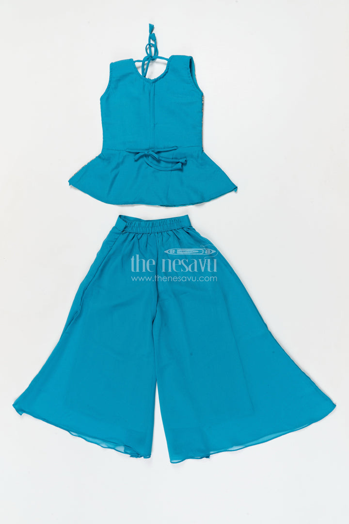 The Nesavu Girls Sharara / Plazo Set Girls Ethnic Sharara Set for Birthdays and Festive Occasions Nesavu Nesavu girls ethnic sharara set with peplum top and mirror work for festive parties