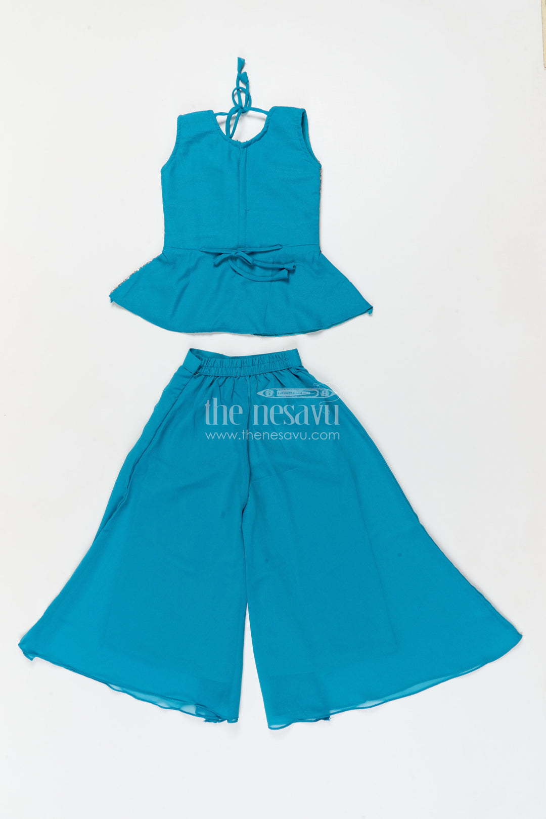 The Nesavu Girls Sharara / Plazo Set Girls Ethnic Sharara Set for Birthdays and Festive Occasions Nesavu Nesavu girls ethnic sharara set with peplum top and mirror work for festive parties