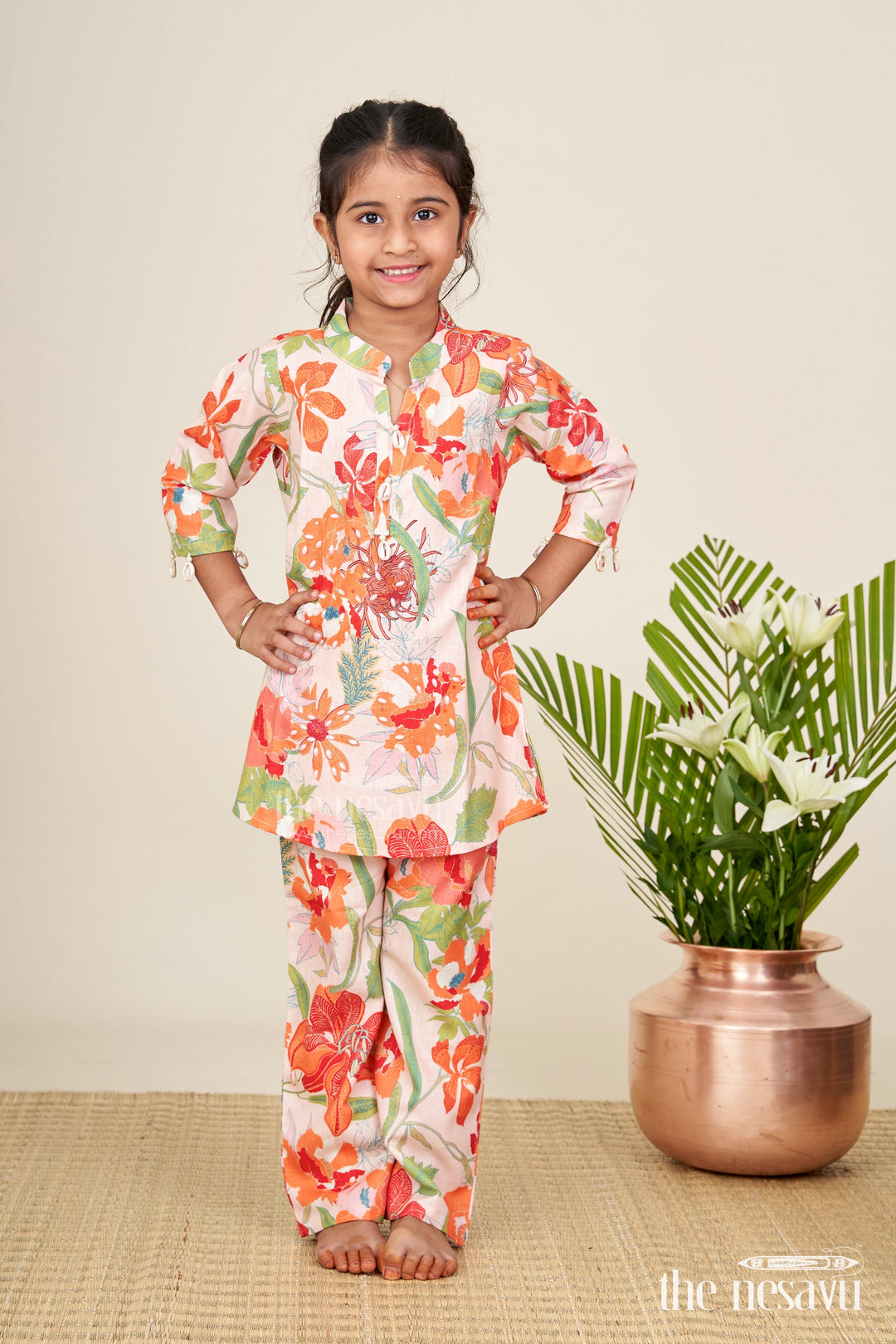 The Nesavu Girls Sharara / Plazo Set Girls ethnic sharara set with bright floral prints for festive comfort Nesavu 24 (5Y) / Orange GPS668A-24 Nesavu girls cotton floral sharara kurta set  festive ethnic wear summer