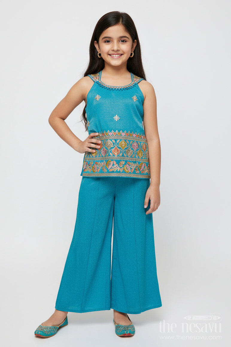 The Nesavu Girls Sharara / Plazo Set Girls Ethnic Sharara Set with Embroidered Top Lightweight Festive Wear In Tissue Silk Nesavu 16 (1Y) / Blue GPS893B-16 Nesavu girls sharara set thread embroidery festive sleeveless outfit tissue silk