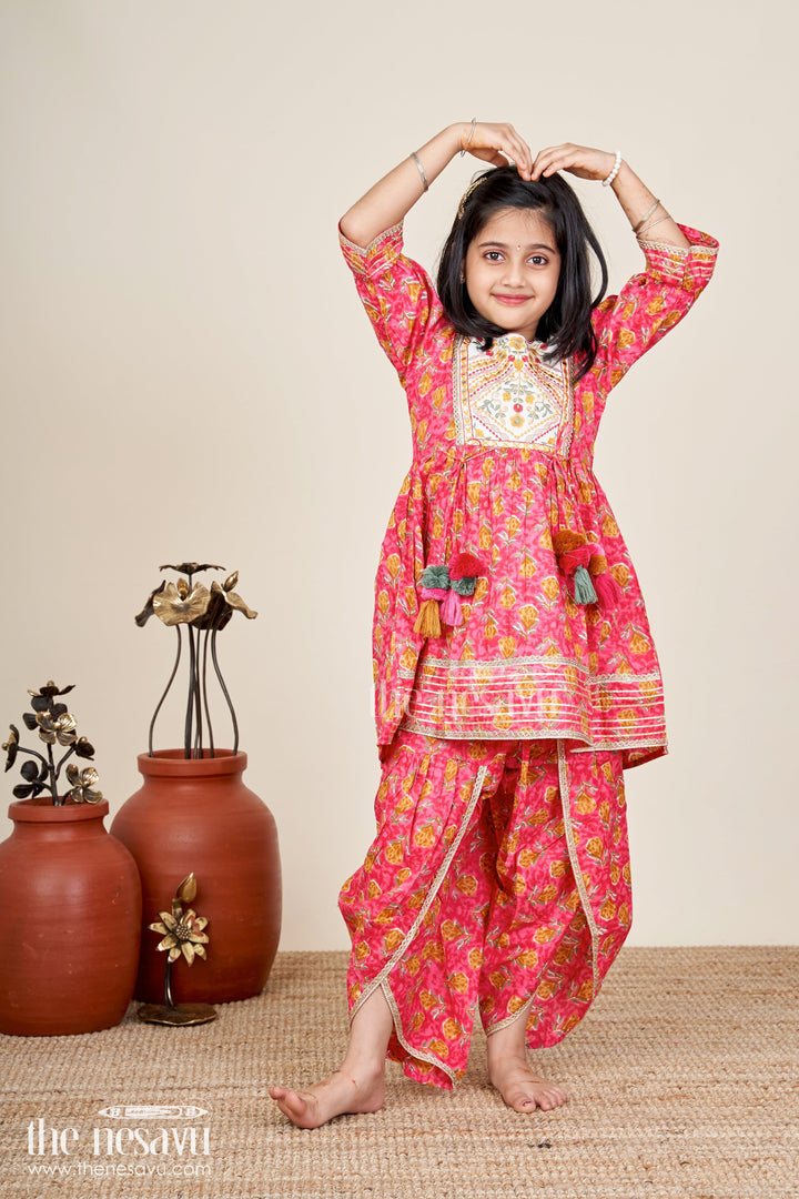 The Nesavu Girls Sharara / Plazo Set Girls ethnic sharara set with yoke embroidery and flared silhouette Nesavu 16 (1Y) / Red GPS843B-16 Nesavu girls cotton sharara set embroidered yoke tassels  festive outfit family events