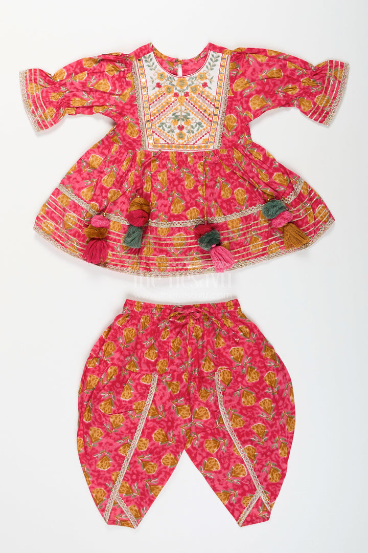 The Nesavu Girls Sharara / Plazo Set Girls ethnic sharara set with yoke embroidery and flared silhouette Nesavu Nesavu girls cotton sharara set embroidered yoke tassels  festive outfit family events
