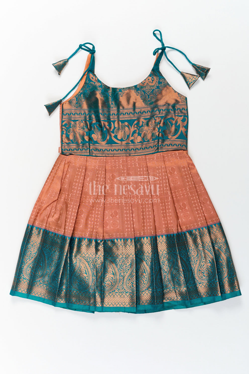 The Nesavu Tie Up Frock Girls Ethnic Silk Dresses in Semi Kanchivaram with Tie Up Sleeves and Zari Woven Orange Green Pleated Skirt Nesavu 20 (3Y) / Green / Style 1 SF832BA-20 Nesavu Ethnic Silk Dresses for Girls in Semi Kanchivaram with Orange Green Zari Pleated Tie Up Frock