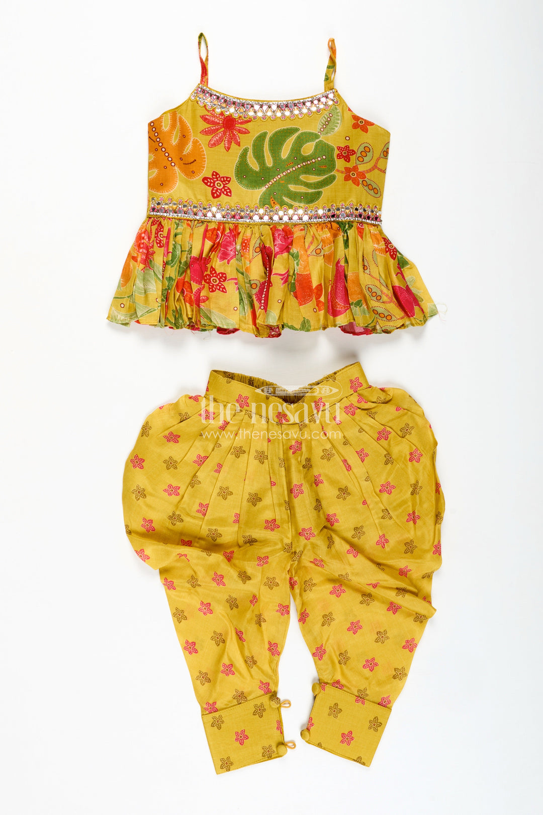 The Nesavu Girls Sharara / Plazo Set Girls Ethnic Suit with Dupatta Festive Kurti Set Nesavu 18 (2Y) / Yellow GPS655A-18 Nesavu Yellow Girls Ethnic Suit Floral Georgette Print Red Dupatta Festive Cultural Events