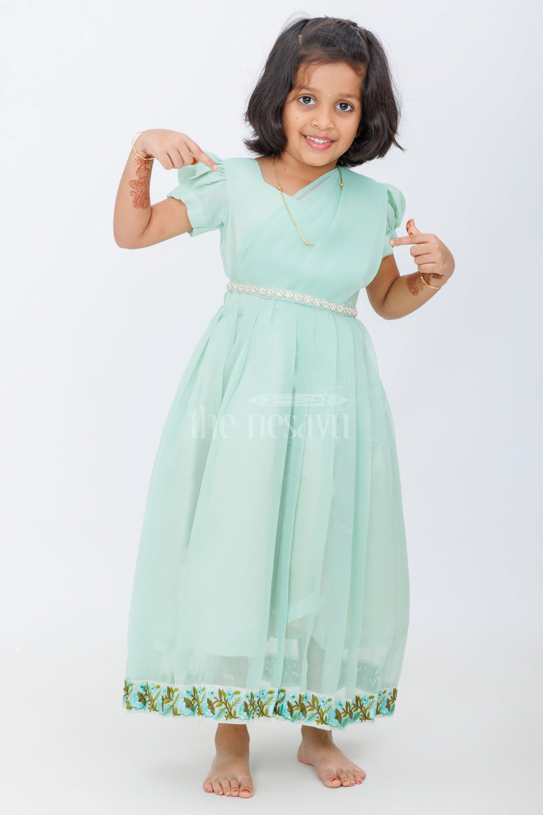 The Nesavu Girls Casual Gown Girls Evening Party Gown in Georgette with Puff Sleeves and Embroidered Border Nesavu 18 (2Y) / Green GA272A-18 Nesavu Girls Evening Party Gown Georgette Puff Sleeves Embroidered Hem