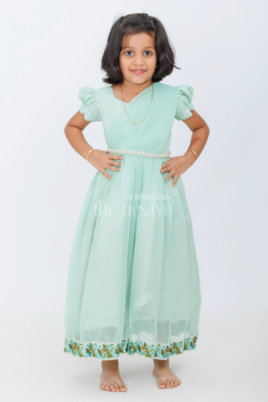 The Nesavu Girls Casual Gown Girls Evening Party Gown in Georgette with Puff Sleeves and Embroidered Border Nesavu Nesavu Girls Evening Party Gown Georgette Puff Sleeves Embroidered Hem